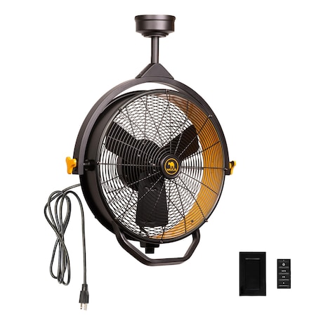 Mule GARAGE FAN, CEILING MOUNTED PLUG-IN CORD, 3 SPEED, POWERFUL 3000 CFM, BLACK/YELLOW W/ REMOTE 52006-40
